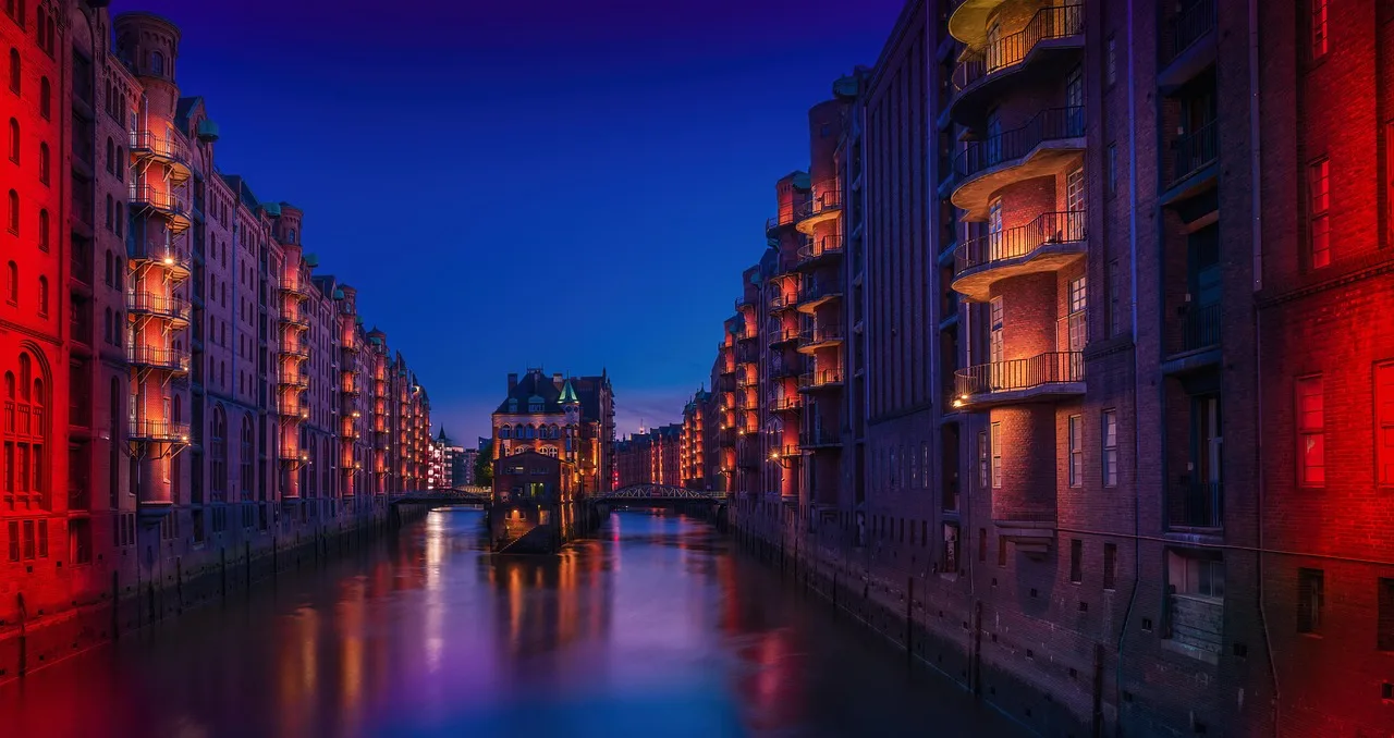 hamburg, vallgrav, warehouse district, speicherstadt, blå timme, natur, ljuseffekter, vatten